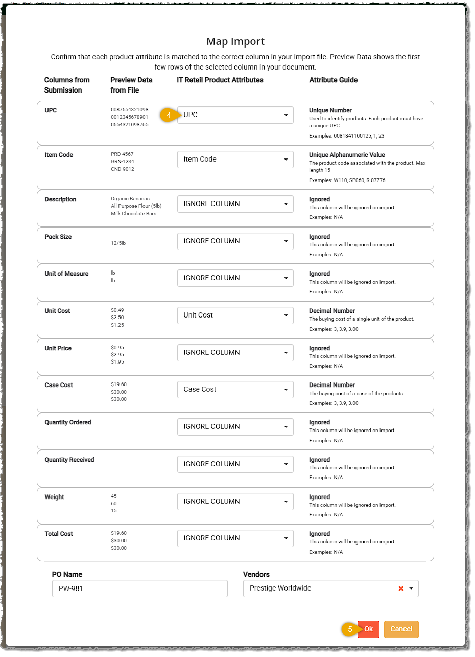 Image showing the data mapping for import template product data columns in the  system back end.