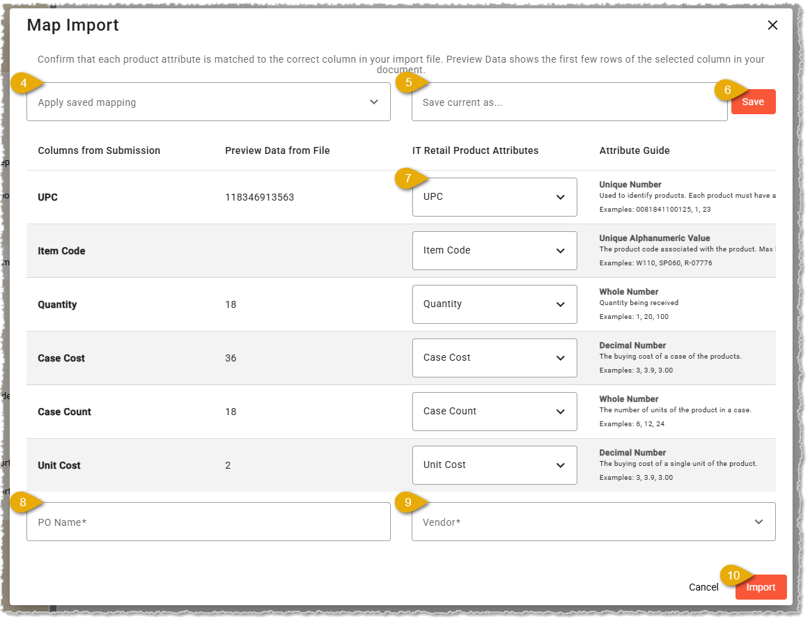 Image showing the data mapping for import template product data columns in the system back end.