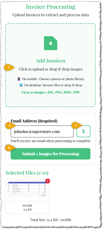 Image showing steps to upload an image with purchase order data to build a CSV import file in the  system back end.