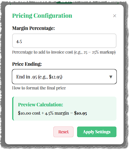 Image showing pricing configuration options for purchase order import template uploads in the  system back end.
