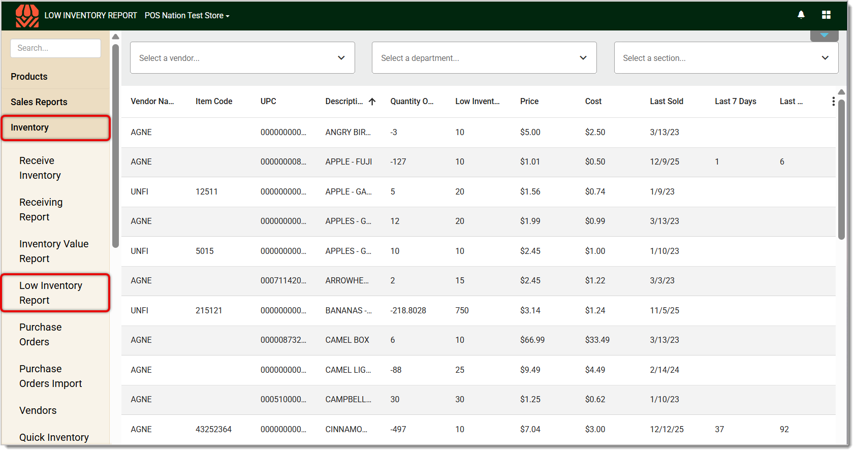 The Low Inventory Report page in the Back End. Inventory and Low Inventory Report are highlighted.