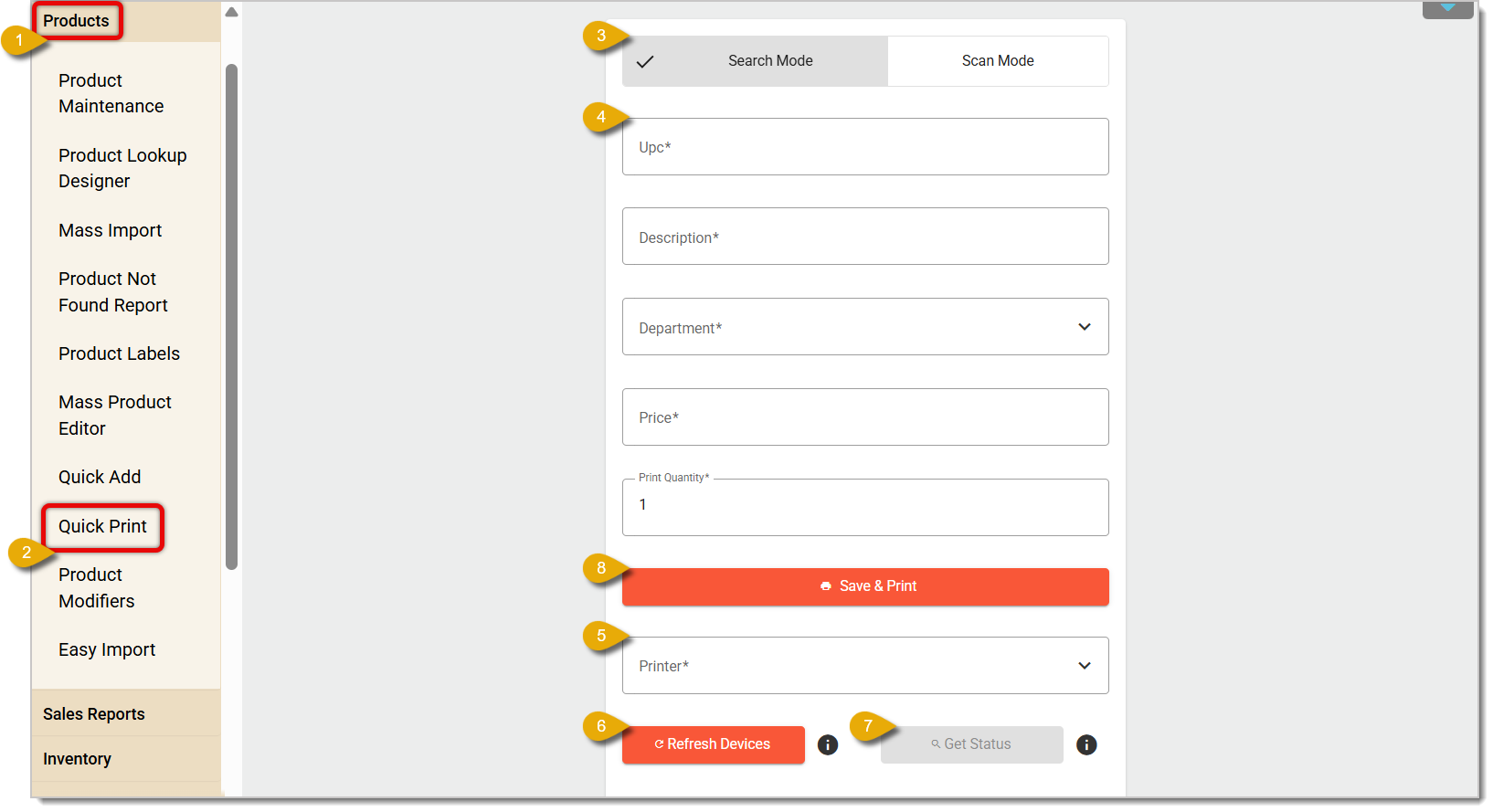 Image of the Quick Print area in the Back End. Numbers in this image indicate steps to take on this page.
