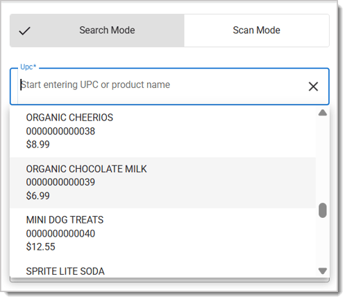 Image showing the drop-list that displays by clicking on the UPC Field in the Quick Print area.