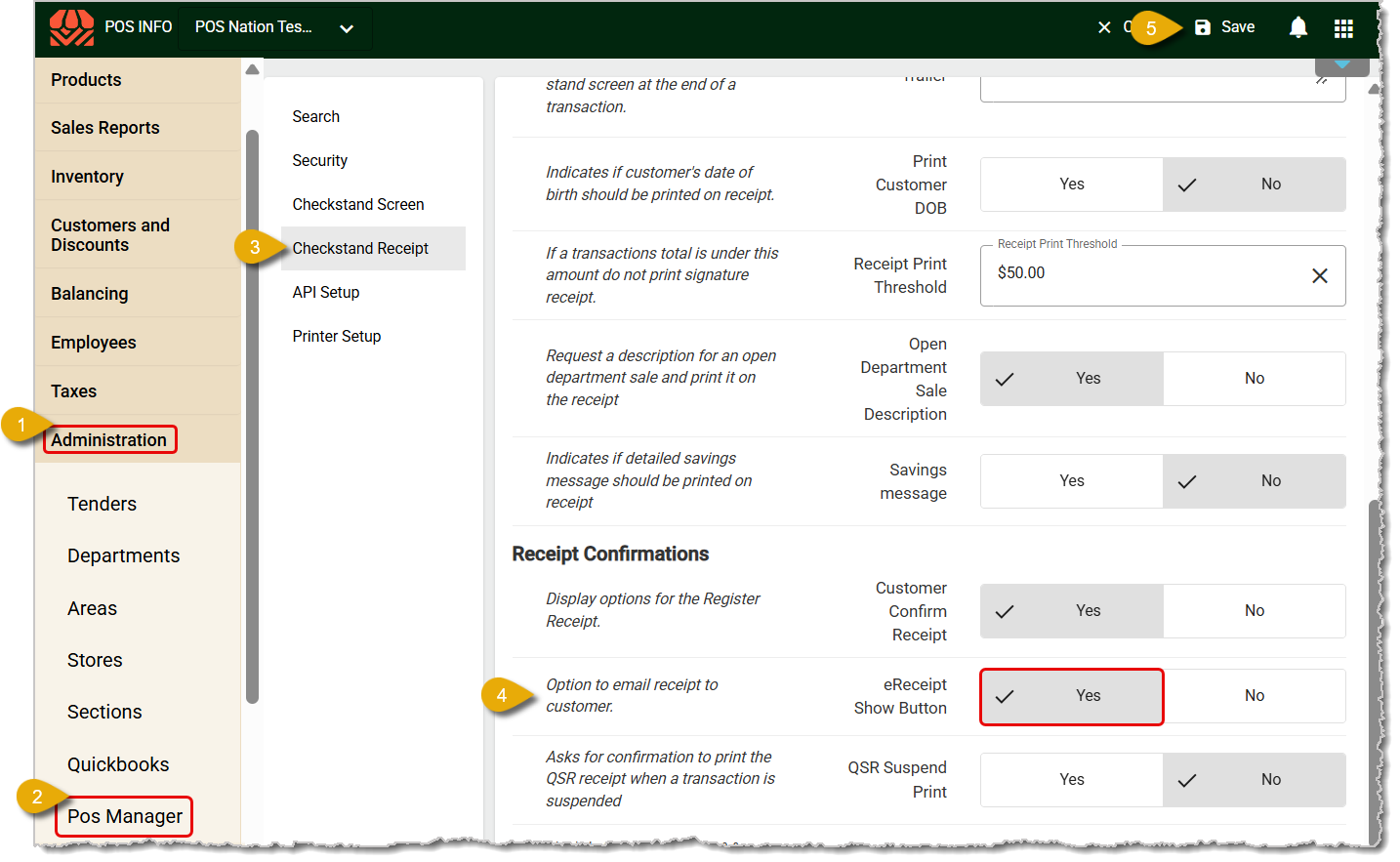 Image showing numbers as steps to enable eReceipt texting in the  Back End.