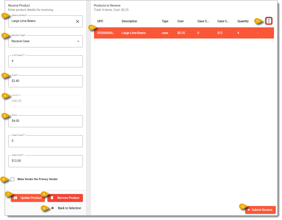 The Receive Product page. Numbers highlight functions of this page.