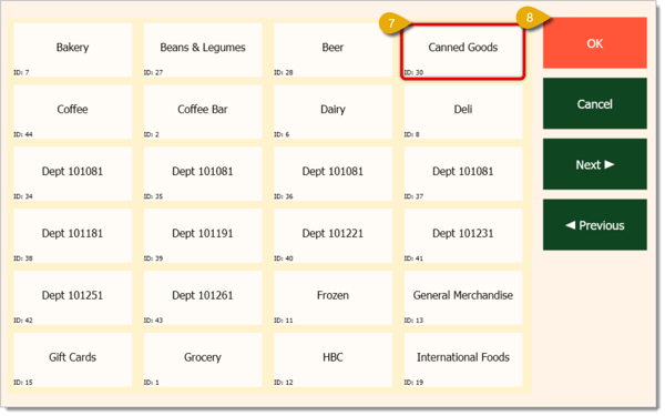 Image highlighting the available Departments for Non Scan items and the OK button in the window.
