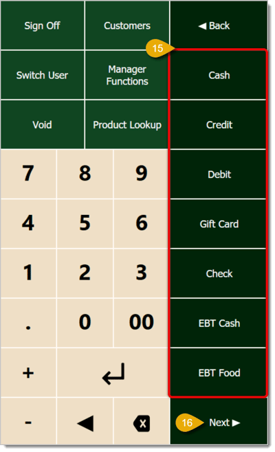 Image highlighting the tender types and Next button in the  Front End.