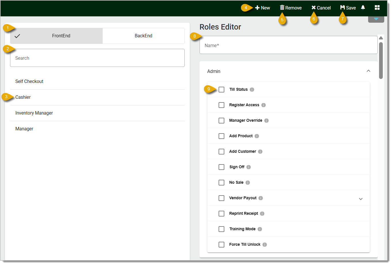 Image of the Roles page. Numbers highlight different functions and fields.