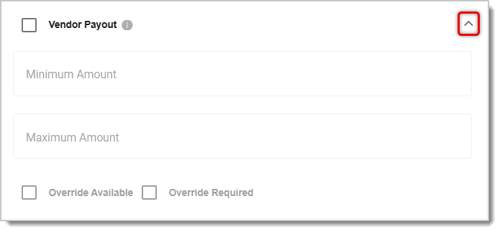 Image of the Vendor Payout options menu, where you can enter the minimum and maximum amounts allowed for payouts.