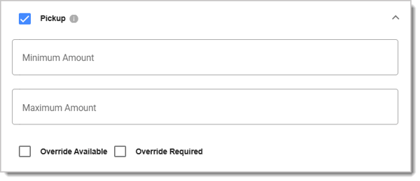 Image of the Pickup permission's additional options: Minimum Amount, Maximum Amount, Override Available, and Override Required.