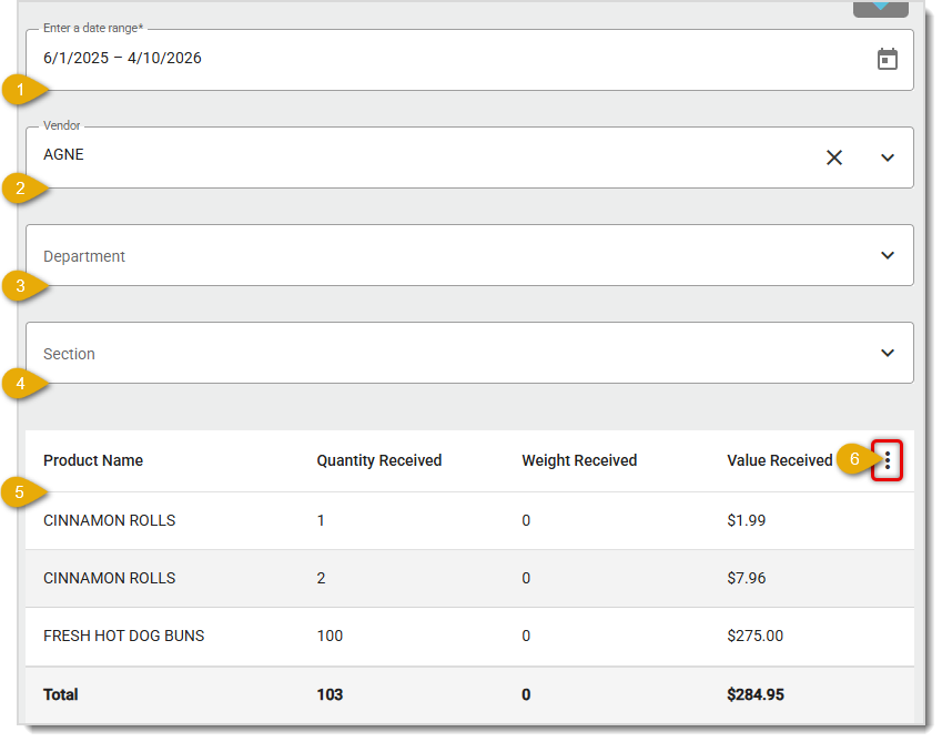 Image showing the Receiving Report in the Inventory area of the  Back End with major features highlighted..