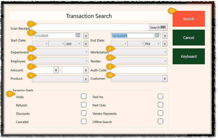Image showing the transaction search window of the Markt POS Front End with key features highlighted.