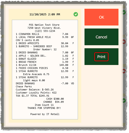 Image showing the View Receipt window of the Markt POS Front End.