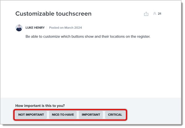Example of a suggestion. The options to answer "How important is this to you?" are highlighted.