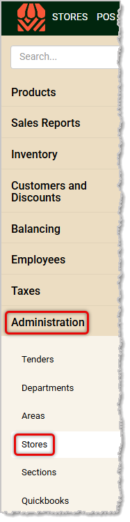 Image showing the Stores link in the Administration menu of the system's back end.