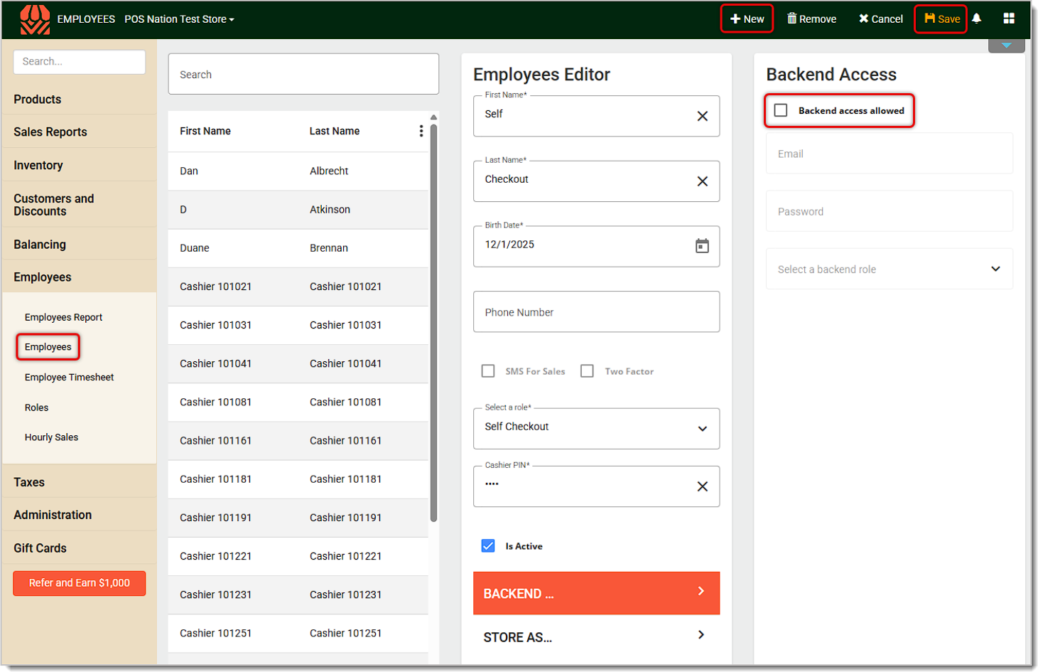Image showing the Backend Access setting for employees in the  Admin.