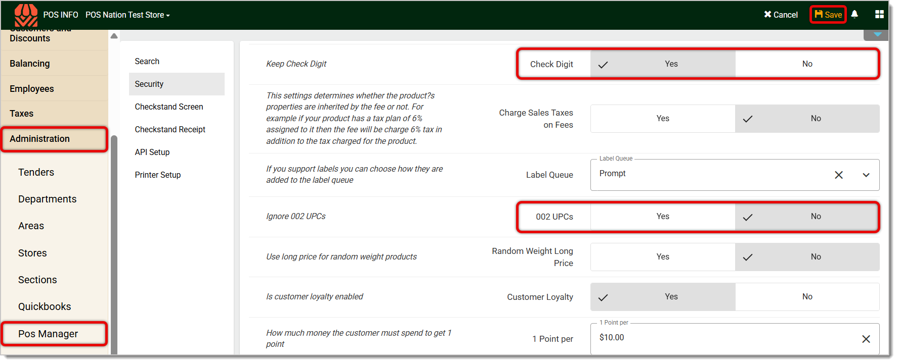 Image of the POS Manager menu. Red boxes highlight the steps to set up your scanner if you want to keep check digits.