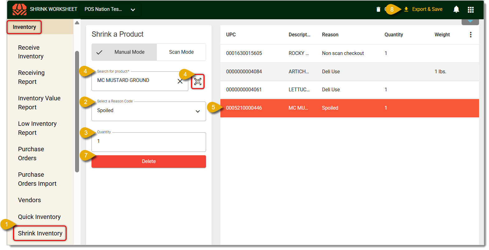 Image showing steps to add products to the Shrink Inventory area in the  system Back End.