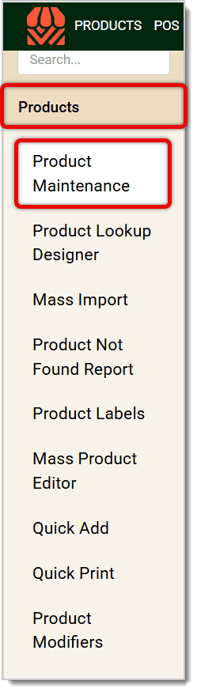 Image showing the Product Maintenance link in the Products menu of the  system's back end.