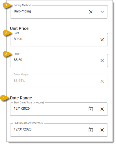 Image of the Unit Pricing special pricing fields.