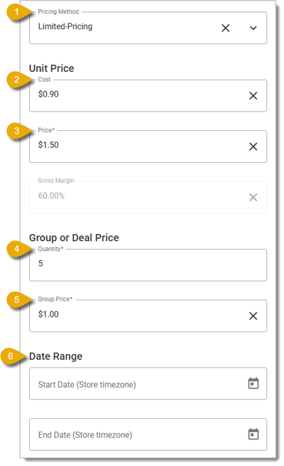 Image of the Limited Pricing special product pricing fields.