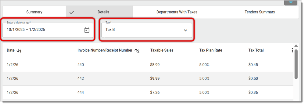 The Details viewing mode in the Sales Tax Report.