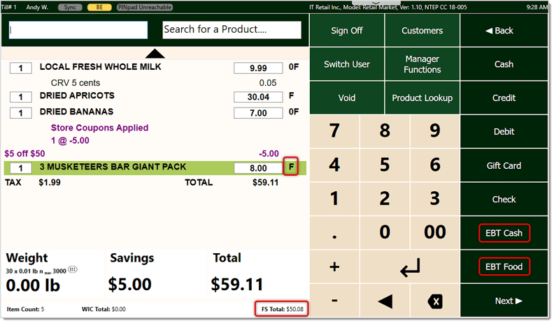 Image showing EBT functions in the Markt POS Front End.