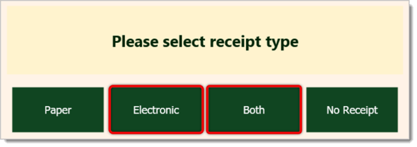 Image of receipt options after a Front End transaction is finished. Electronic and Both are highlighted buttons.