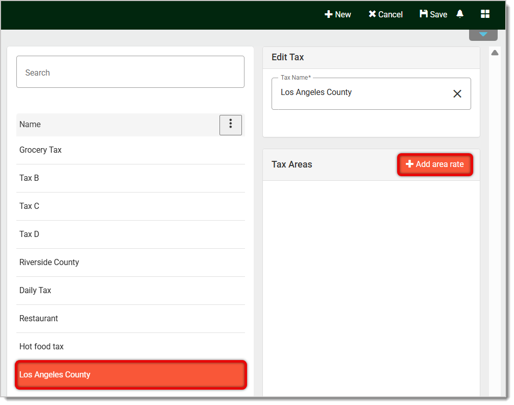 Image of the Taxes page. An example Tax and the Add Area Rate button are highlighted.