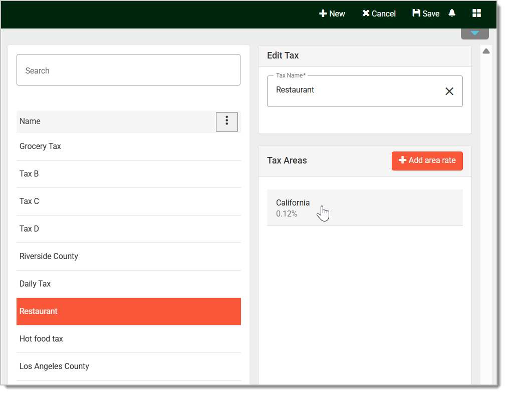 Image of the Taxes page with a Tax already selected for editing. A cursor points at a Tax Area.
