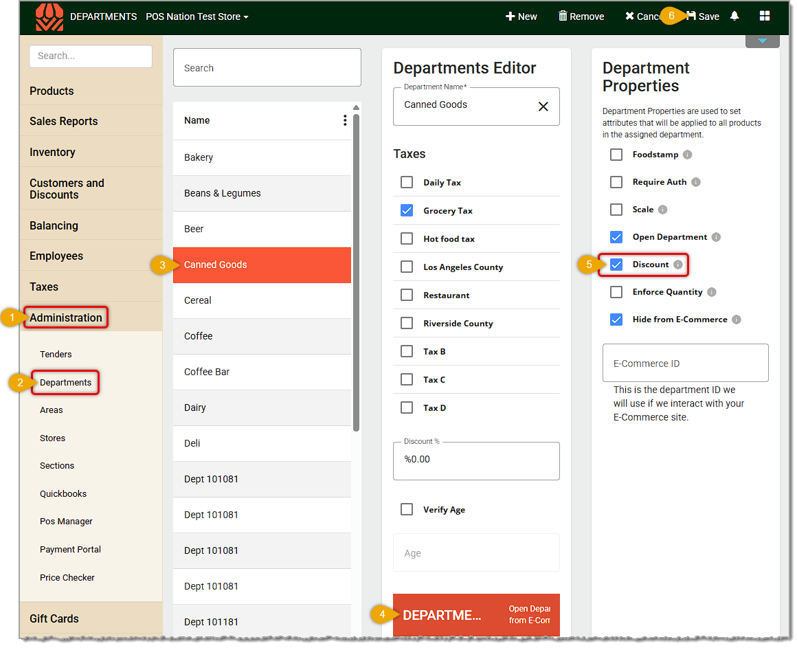 Image showing how to set a Department to be eligible for Front End discounts in the Administration area of the  system's back end.