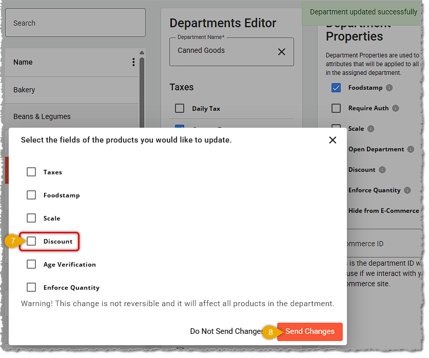 Image showing the final steps of saving changes to a Department in the Administration area of the  system's back end.