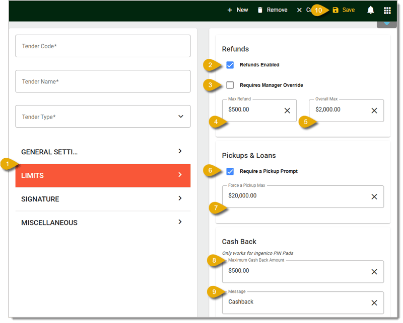Image of the Limits tab fields in the  Back End.