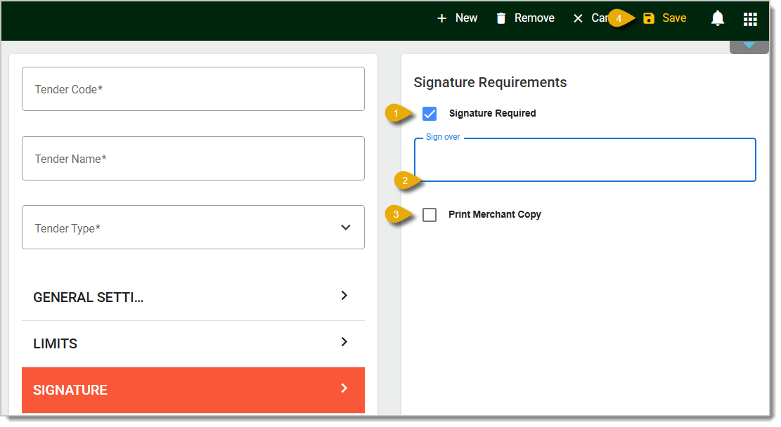 Image of the Signature tab in the Tenders area of the  Back End.
