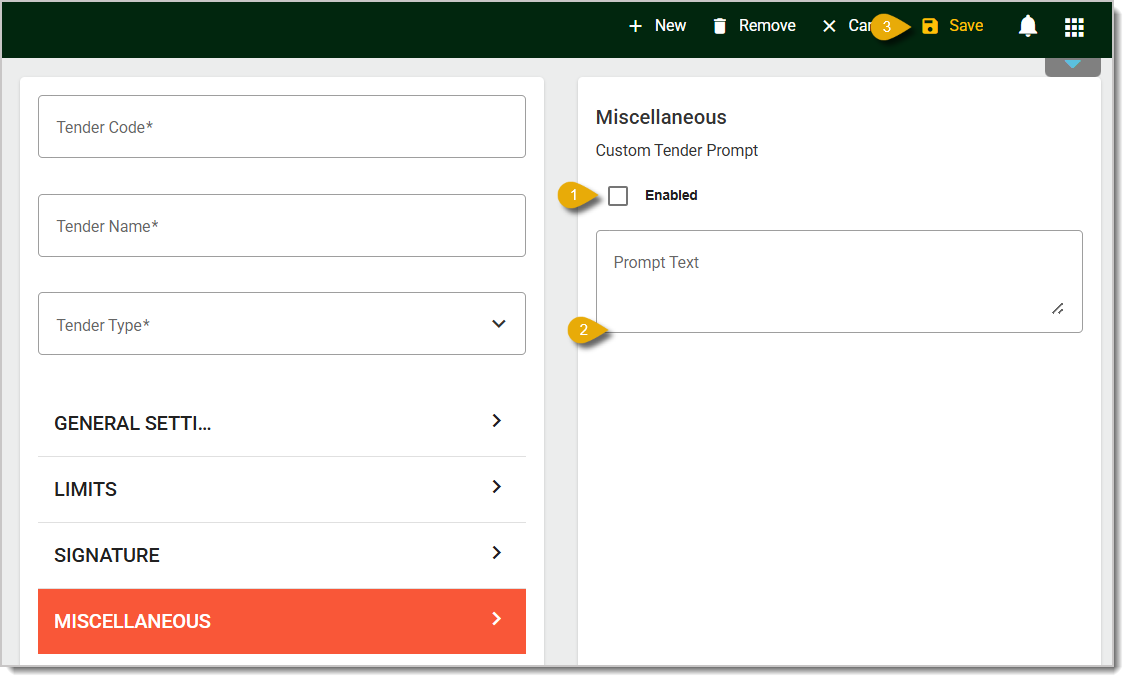 Image of the Miscellaneous tab in the Tenders area of the  Back End.