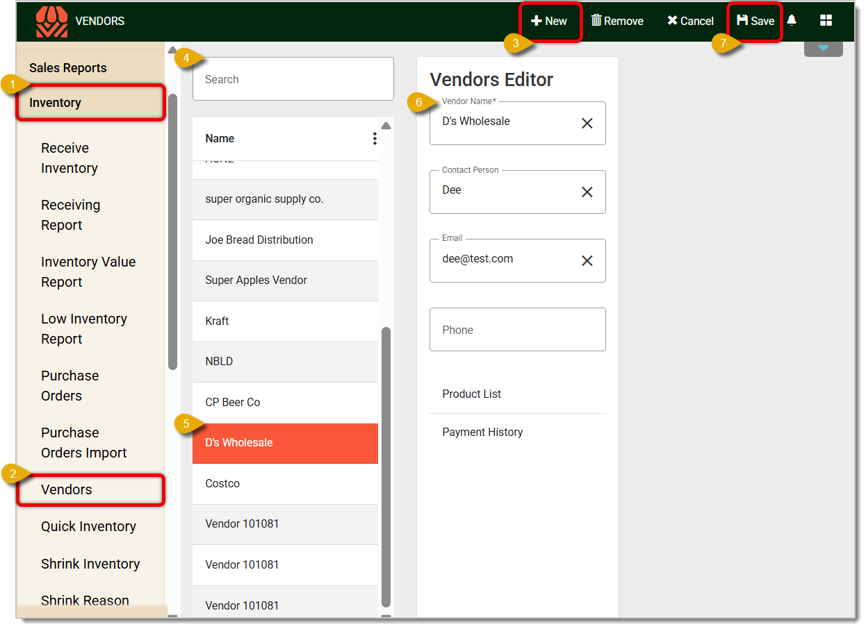Image of the Vendors Page of the  system's Back End with major features highlighted..