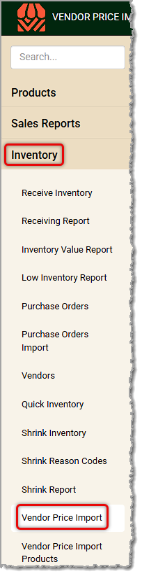 Image showing the Vendor Price Import link in the Inventory menu of the Back End.