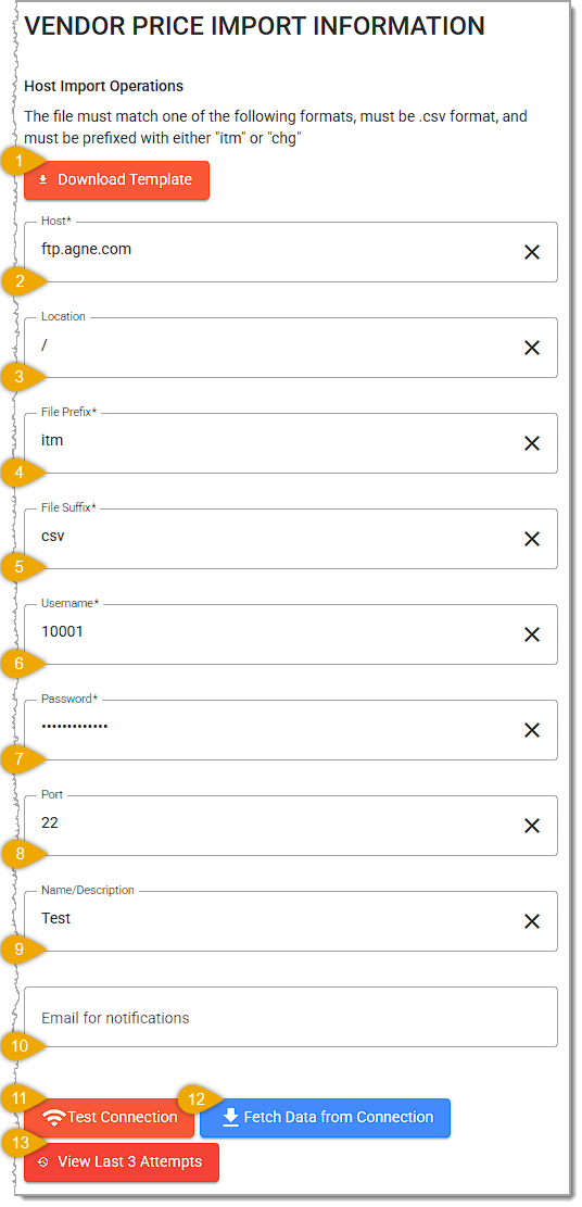 Image showing the configuration options for Vendor Price Import in the Inventory menu of the system's back end.