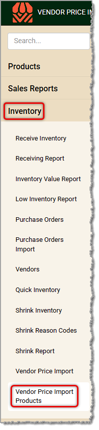 Image showing the Vendor Price Import Products link in the Inventory menu of the  Back End.