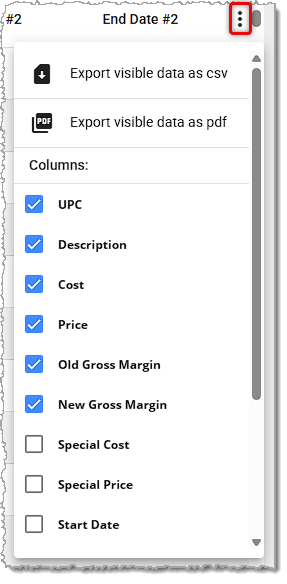 Image showing the actions menu of the Vendor Price Import Products page of the  system's back end.