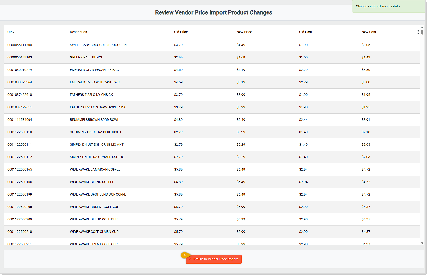 Image showing the results of an update on the Vendor Price Import Products page of the  system's back end.