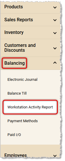 Image showing the Balancing area of the main MarktPOS system menu with the Workstation Activity Report highlighted.