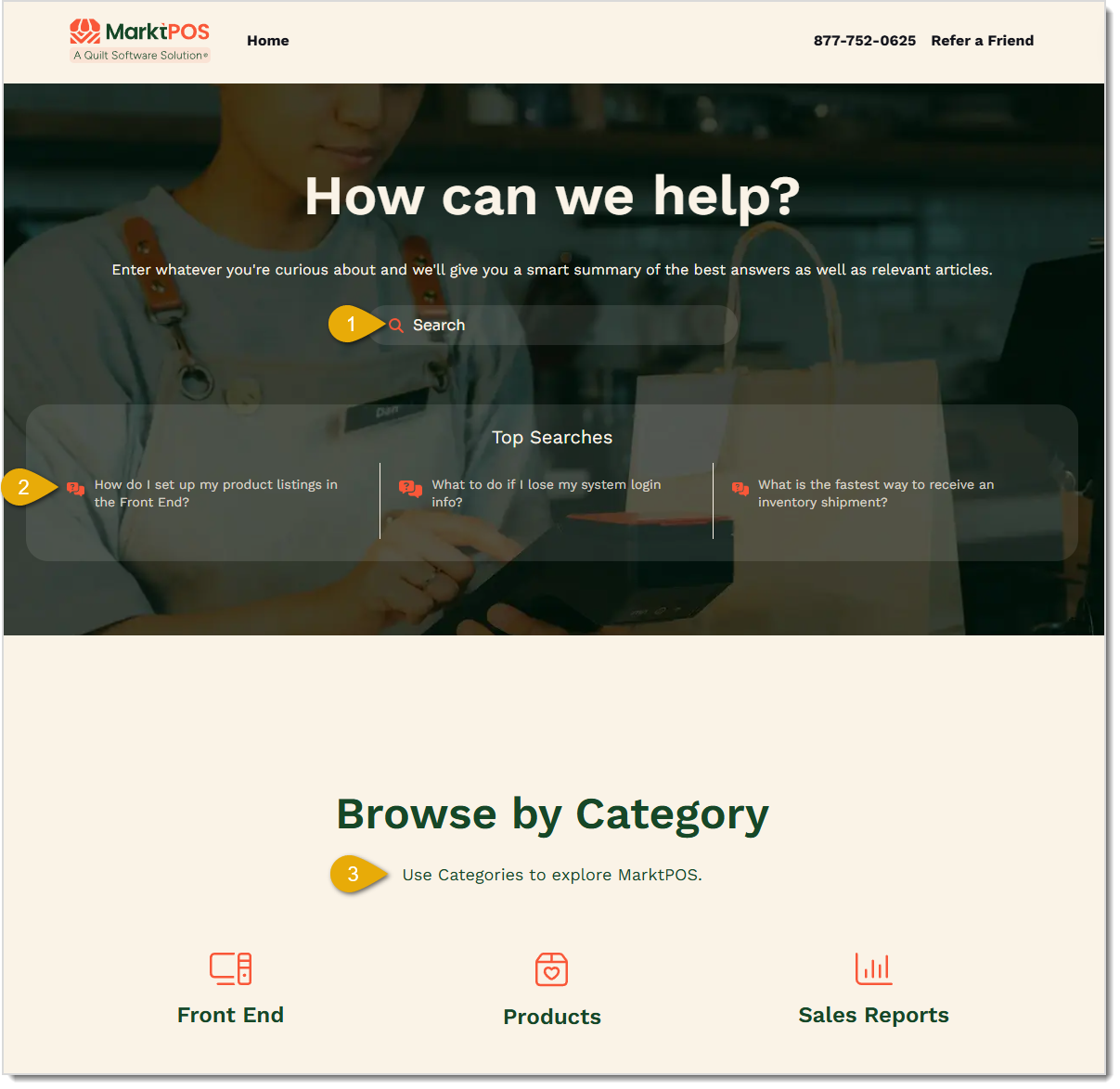 Image of the Knowledge Base Home page. The Search bar, Top Searches section, and Browse by Category section are pointed out by numbers 1-3, respectively.