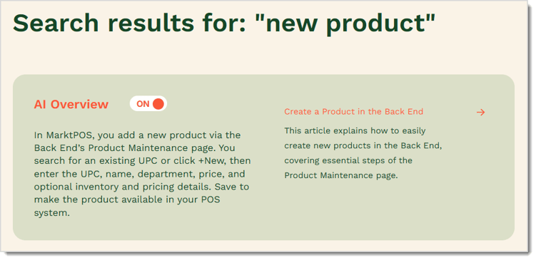 Image of an AI search result in the Bottle POS Knowledge Base. An AI search overview explains how to add a new product.