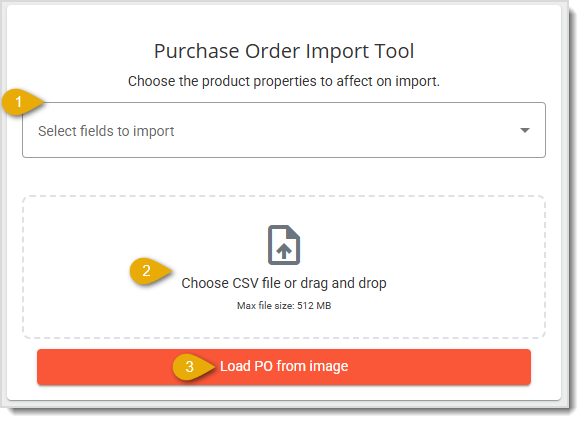 Image showing the steps to upload a custom Purchase Order template in the Back End of the  system.