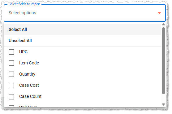 Image showing the Field Selection options for a Purchase Order Import in the  system's Back End.