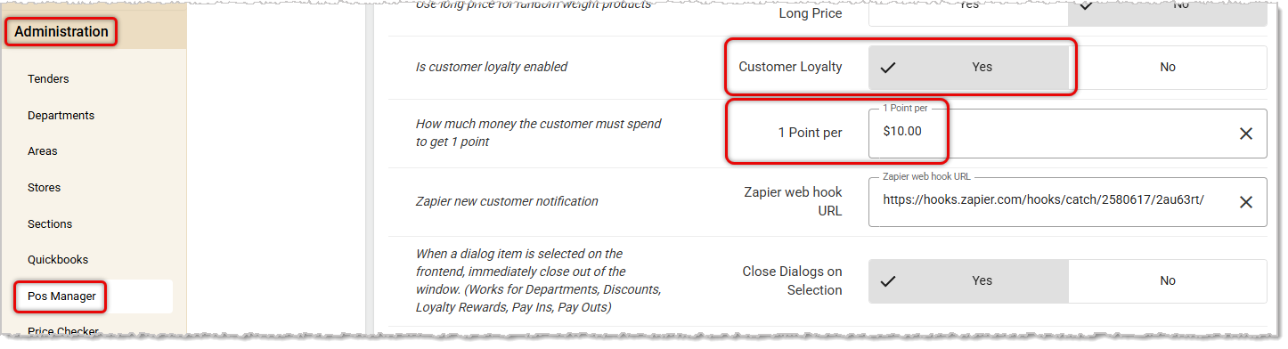 Image showing the Customer Loyalty configuration options in the Security tab of the POS Manager for the  system Back End.