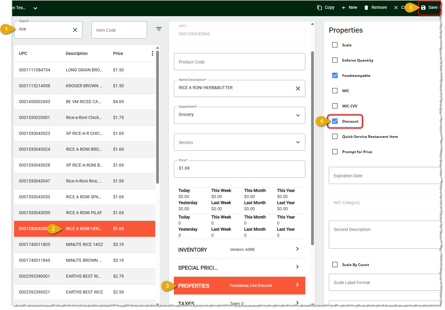 Image showing the steps to make sure an item is discountable on the Product Maintenance page of the  system's back end.