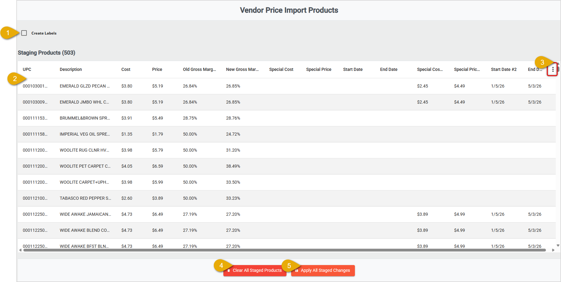 Image showing the updated pricing data on the Vendor Price Import Products page of the  system's back end.