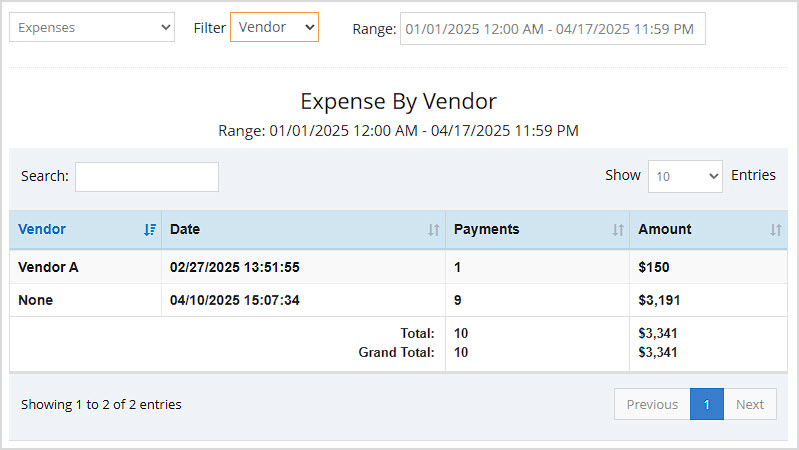 Image showing the Vendor view of the Bottle POS Admin appâs Expenses report.